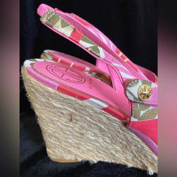 Lilly Pulitzer Espadrille Sling Back Wedge Logo Pink Floral Peep Toe sz 9M - Picture 4 of 13